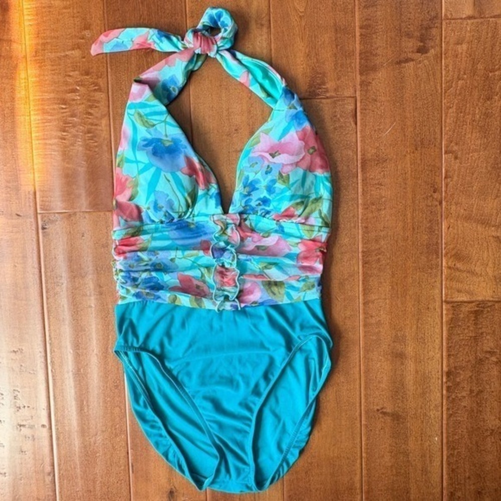 Mainstream Floral Ruched Halter One Piece Swimsuit 14 Turquoise